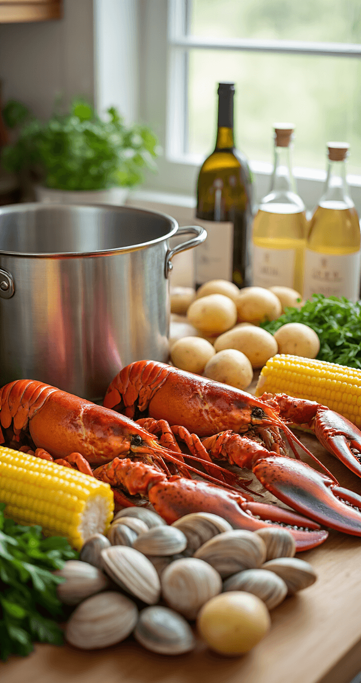 A well-lit kitchen counter featuring fresh seafood ingredients including live lobsters, clams, and corn, with new potatoes and herbs, alongside a large steel pot and wine bottles, all beautifully arranged.