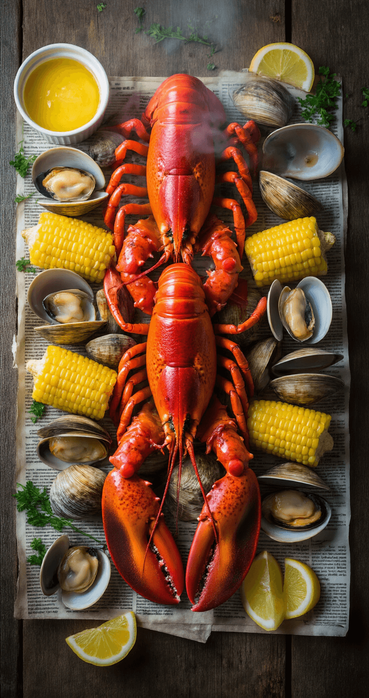 An overhead shot of a seafood feast featuring bright-red lobsters, opened clams, and golden corn on a rustic wooden table, with steam rising, fresh herbs, ramekins of melted butter, newspaper underlayment, and lemon wedges, evoking a New England clambake.