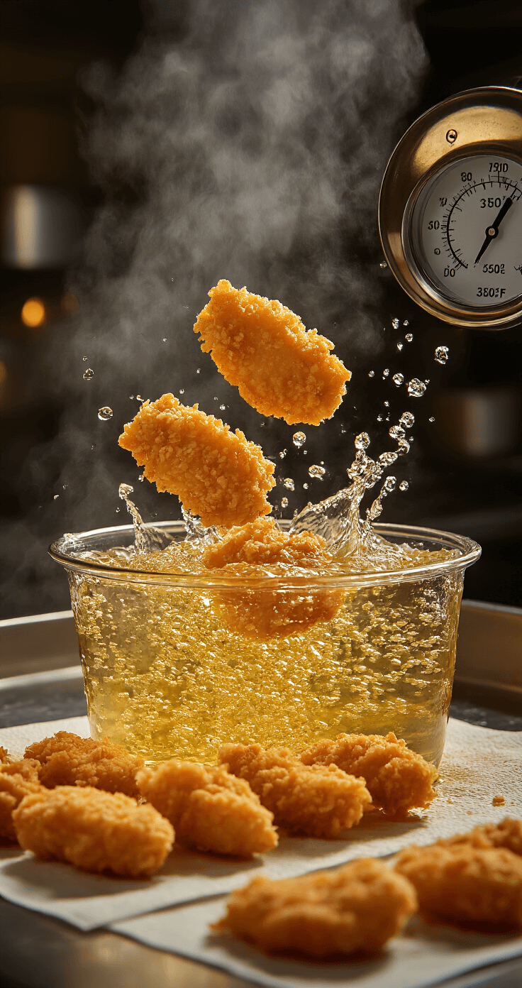 Dynamic shot of breaded alligator bites being lowered into bubbling oil, creating a splash; steam rises in warm light, with a thermometer reading 350°F and fried pieces on paper towels nearby.