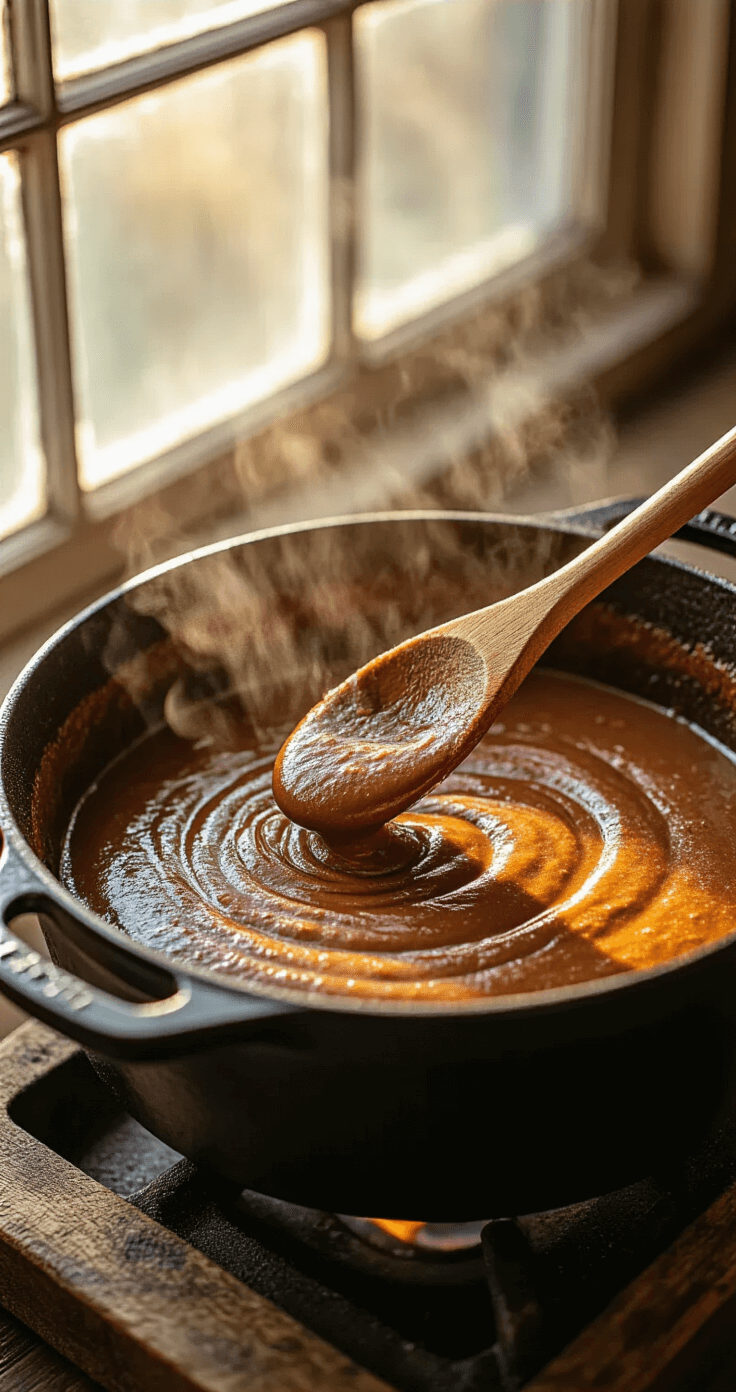 Close-up of a rich, chocolate-brown roux being stirred in a cast iron Dutch oven, illuminated by golden afternoon light with steam rising and a wooden spoon creating artistic trails in the mixture.