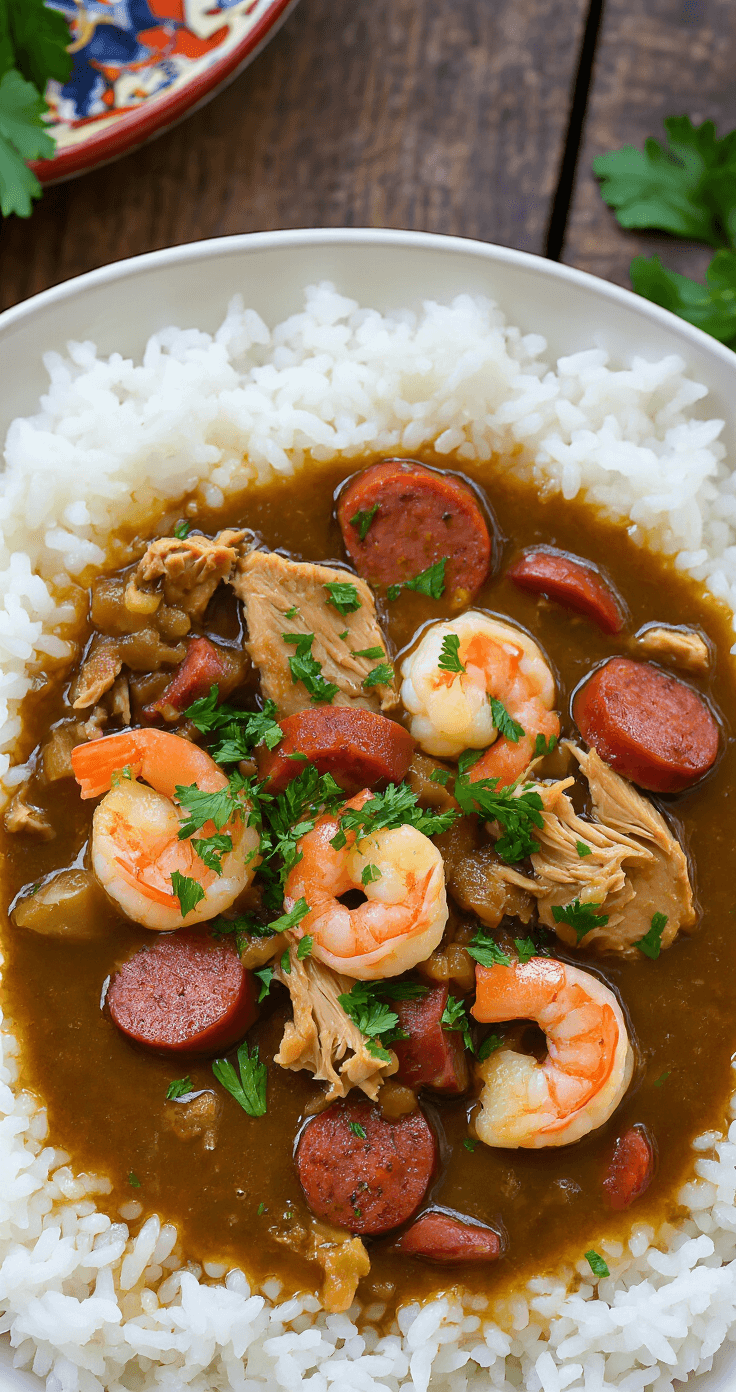 Overhead view of a steaming bowl of dark gumbo with andouille sausage, chicken, and shrimp, served over white rice and garnished with fresh parsley, on a rustic wooden table with Louisiana decor in the background.