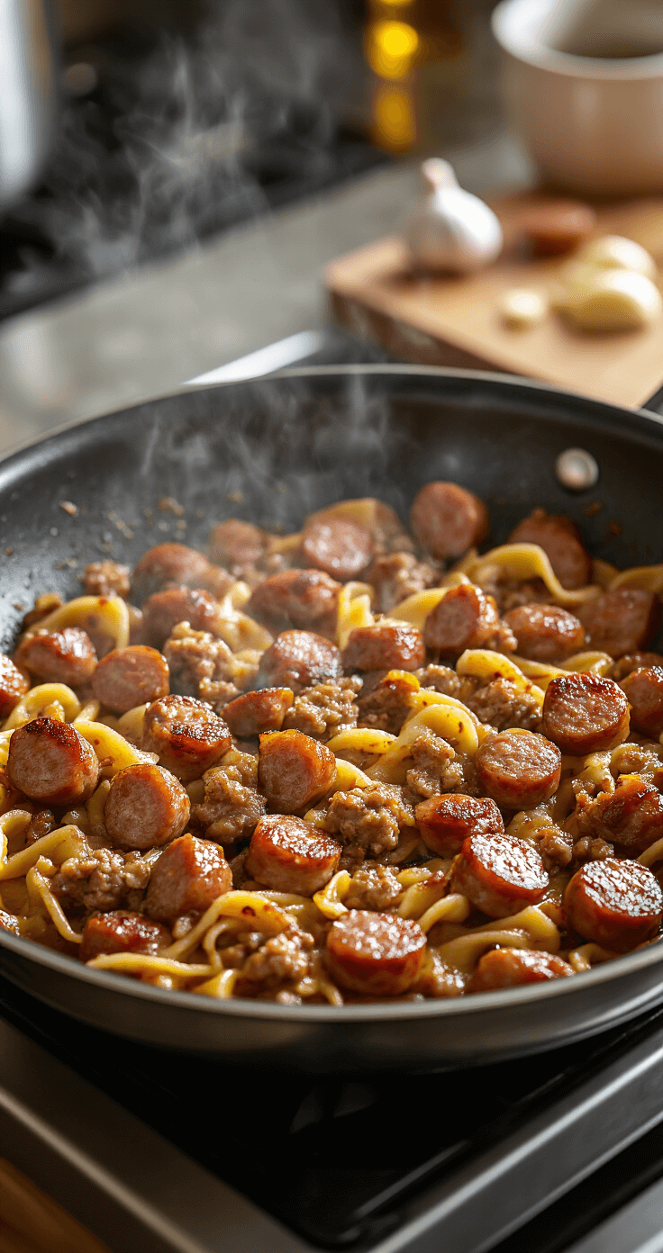 Close-up of Italian sausage browning in a stainless steel skillet, breaking into bite-sized pieces, with garlic in the background and steam rising in warm kitchen lighting.