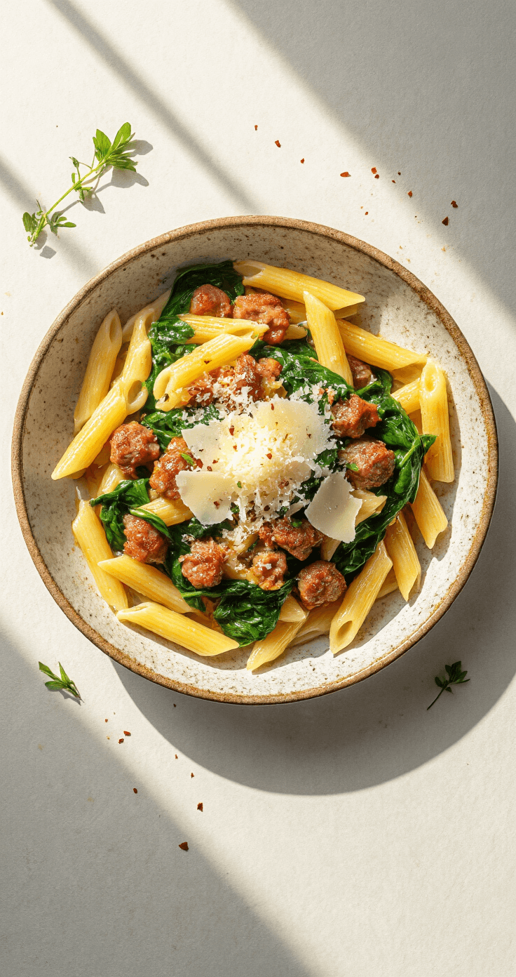 Overhead view of a rustic ceramic bowl filled with penne pasta, spinach, and caramelized sausage, topped with melting Parmesan cheese, red pepper flakes, fresh herbs, and a drizzle of olive oil, illuminated by natural window light.