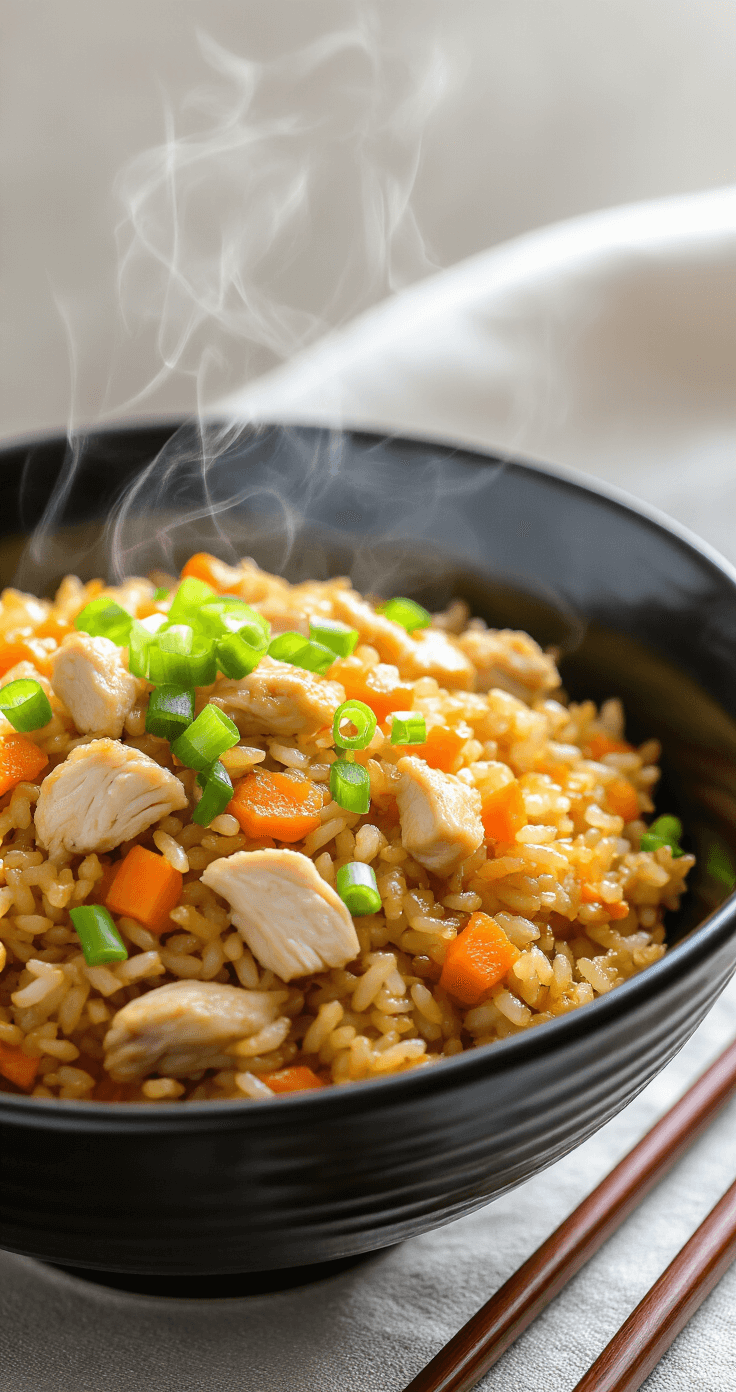 Close-up of a steaming bowl of golden-brown chicken fried rice in a black ceramic bowl, featuring crispy rice grains, diced carrots, tender chicken, and green onions, with steam and a pair of chopsticks beside it.