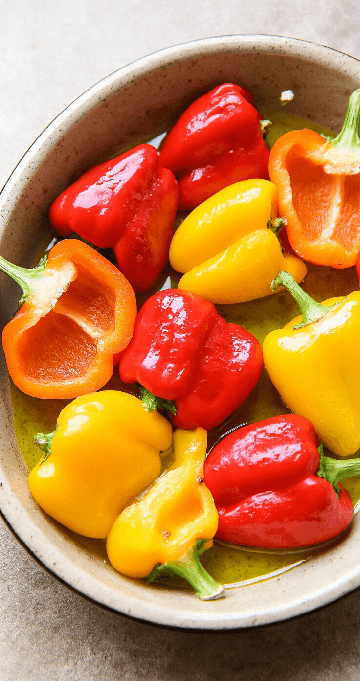 Close-up of halved, vibrant red, yellow, and orange bell peppers in a rustic ceramic baking dish, glistening with olive oil under warm kitchen lighting.