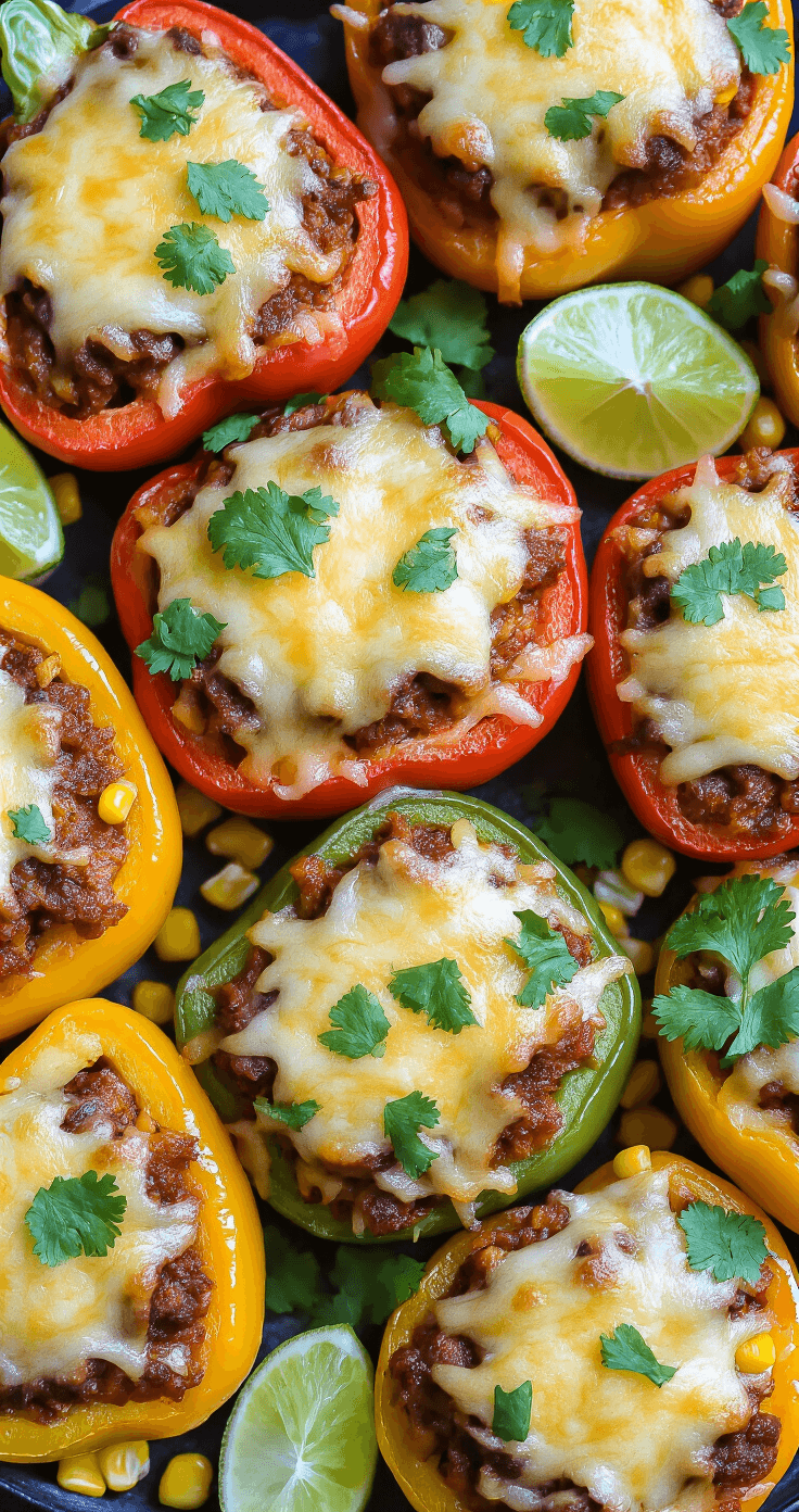 Overhead view of stuffed peppers topped with golden melted cheese, with steam rising and fresh cilantro scattered around. Lime wedges and corn kernels are artfully arranged as garnishes, enhancing the vibrant colors and textures.