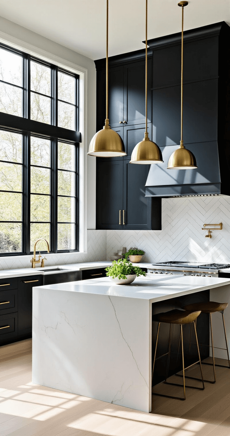 A modern kitchen featuring black floor-to-ceiling cabinets, large windows allowing morning sunlight to create shadows, a white quartz waterfall island, brass pendant lights, a herringbone marble backsplash, and wide plank white oak flooring, styled with ceramics and fresh herbs.