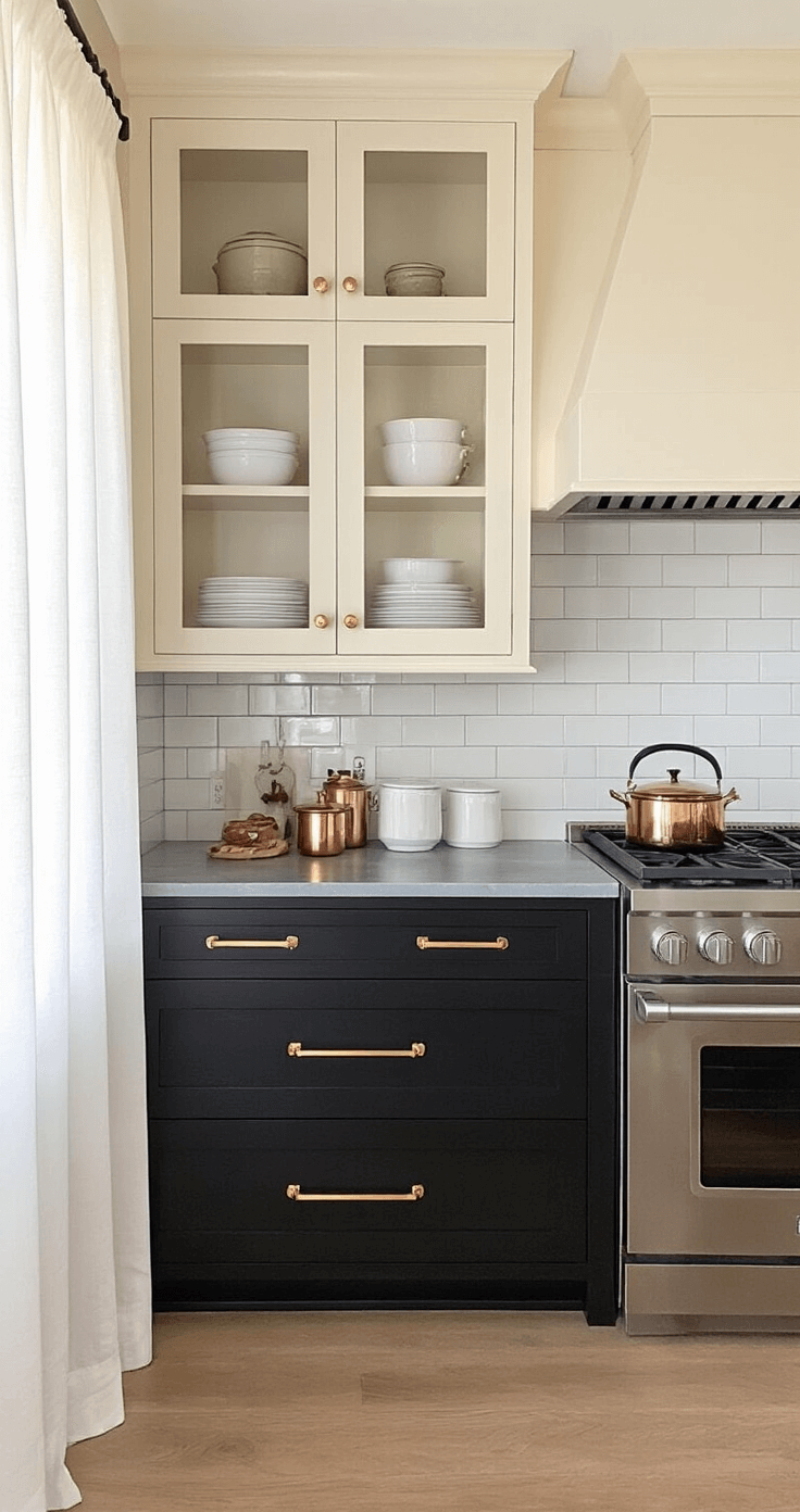 Intimate transitional kitchen with black lower cabinets and cream upper cabinets, featuring brushed gold hardware and gray soapstone countertops. Warm golden hour light filters through sheer curtains, highlighting the subway tile backsplash and curated white dinnerware on open shelving, while copper cookware adds metallic accents.