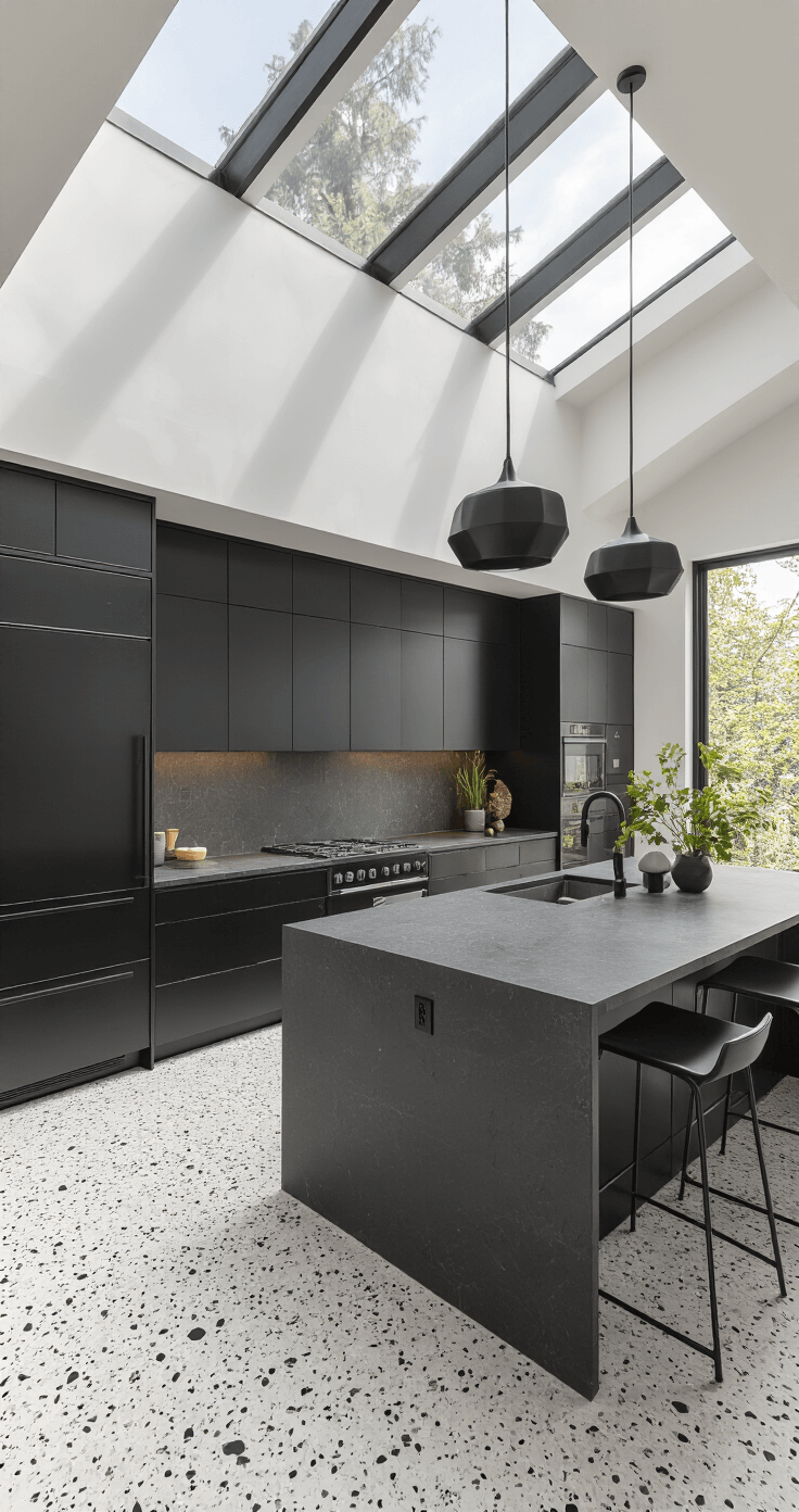 A contemporary open-concept kitchen featuring floor-to-ceiling black cabinetry, integrated appliances, and a large center island with a black waterfall quartz countertop, illuminated by midday skylight, highlighting terrazzo flooring and minimalist black pendant lighting, styled with geometric decor and sculptural plants.