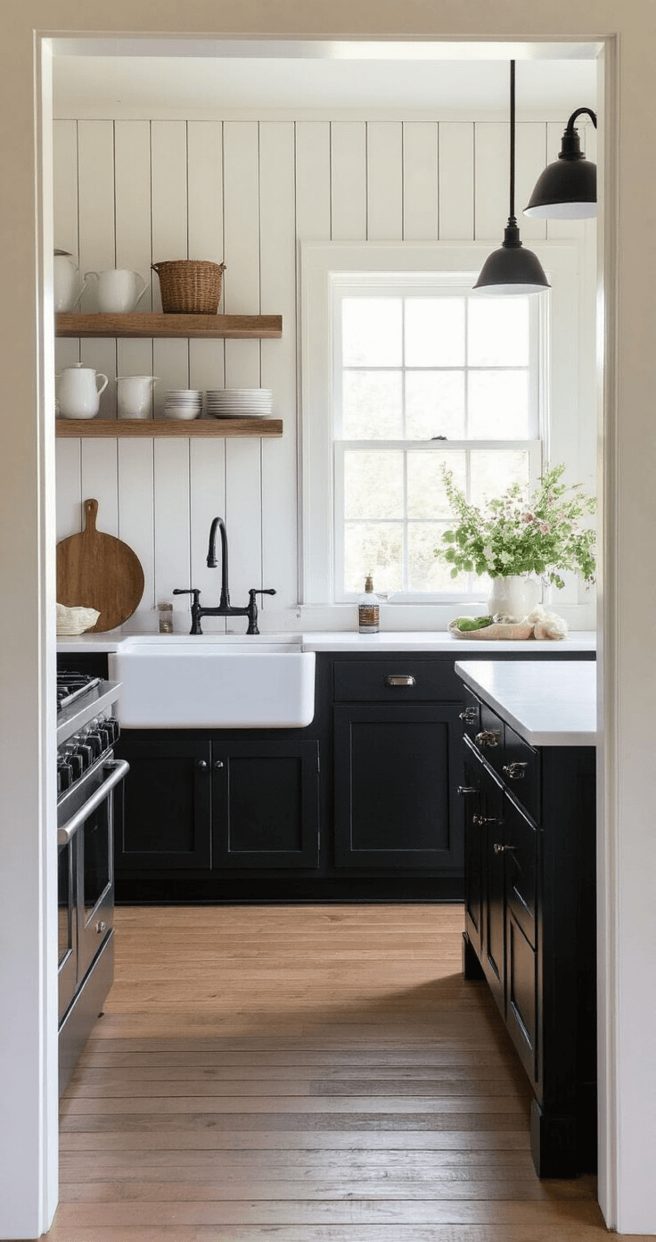 Cozy farmhouse kitchen with black shaker cabinets and white fireclay sink, illuminated by soft morning light, featuring white marble countertops, black iron hardware, vertical shiplap walls, and vintage accessories with fresh flowers.