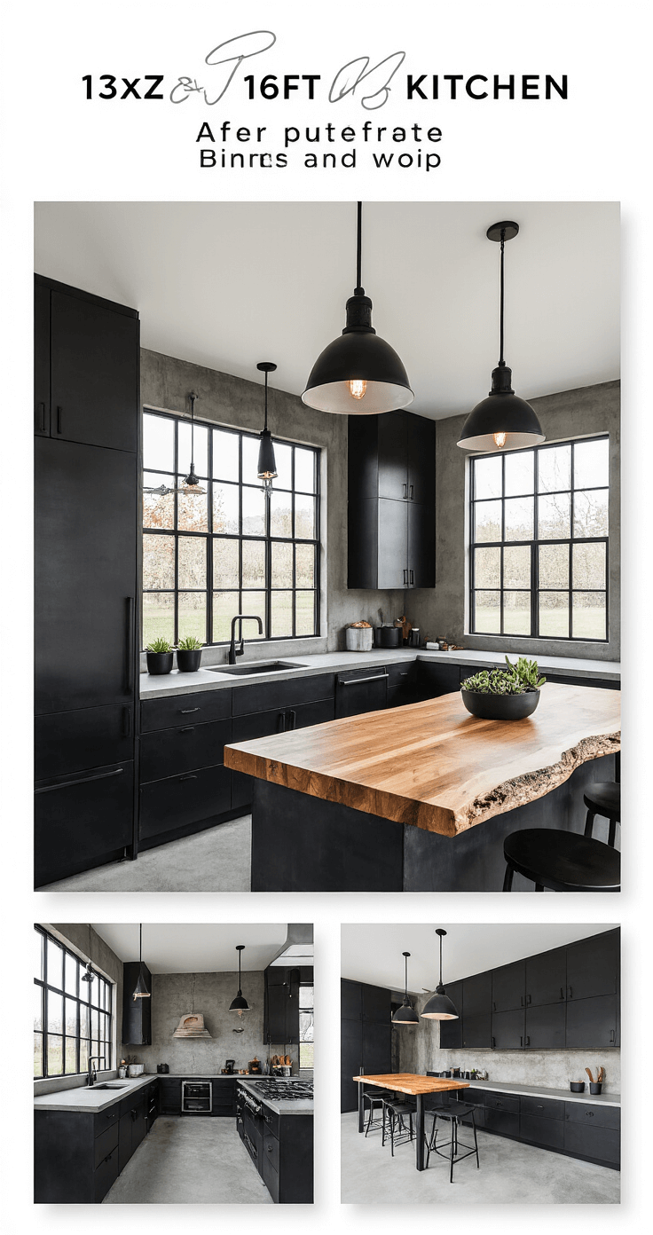 A modern industrial kitchen featuring black metal-front cabinets, concrete countertops, and a live-edge wood island, illuminated by afternoon sun through steel-framed windows. The space has polished concrete floors, black steel pendant lights with exposed bulbs, and is adorned with minimalist black accessories and potted succulents, captured from a corner angle to highlight its textures and materials.