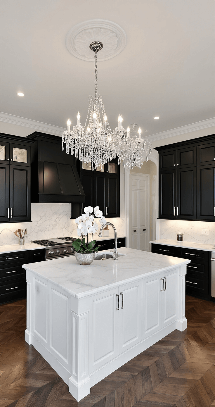 Elegant traditional kitchen featuring black raised-panel cabinets, white marble counters, and a matching island, illuminated by a crystal chandelier. The low-angle shot showcases the high ceiling, polished nickel fixtures, and dark walnut herringbone hardwood floors, complemented by silver serving pieces and white orchids.