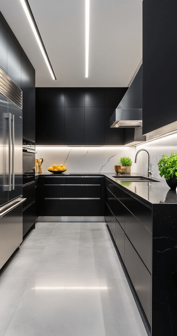 Contemporary chef's kitchen featuring sleek black handleless cabinets, stainless steel appliances, black granite counters, and a glass backsplash with metallic sheen, illuminated by dramatic LED lighting, with large gray porcelain floor tiles and minimal styling.