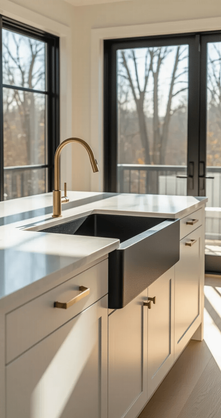 Modern minimalist kitchen featuring a matte black granite composite sink with a sleek brass faucet, set against a pure white quartz countertop. Early morning sunlight illuminates the space through floor-to-ceiling windows, enhancing the airy ambiance. Scandinavian-inspired white cabinets and light oak flooring complement the design, with under-cabinet LEDs providing additional light. The camera captures the island-centered layout from a 45-degree angle, highlighting the sink's focal point in the sophisticated setting.