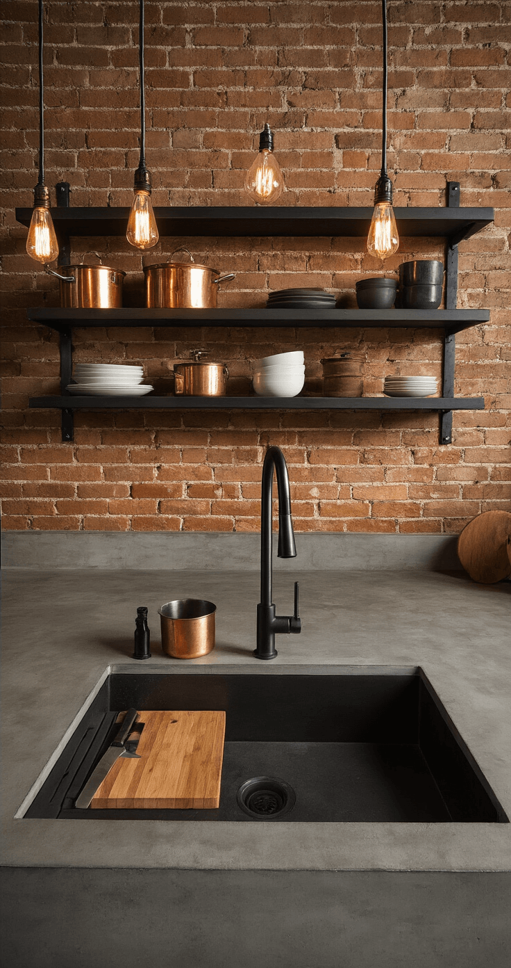 An industrial-style kitchen showcasing an exposed brick wall with concrete countertops and a black stainless steel workstation sink featuring a cutting board insert. The space is illuminated by warm pendant lights with Edison bulbs during the golden hour, highlighting the gunmetal finish of the sink. Overhead shot captures copper cookware and dark wood cutting boards, evoking an urban sophisticated and warmly masculine atmosphere.