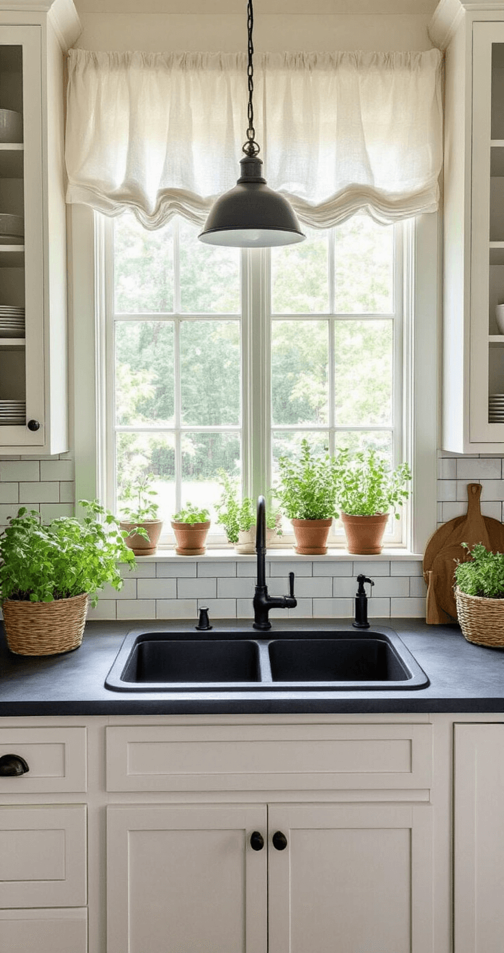 A warm and inviting modern farmhouse kitchen featuring a double-bowl black composite sink beneath a large window with diffused morning light, surrounded by white shaker cabinets, soapstone countertops, and a subway tile backsplash, accented with a vintage-style matte black faucet, woven baskets, and terracotta pots containing fresh herbs, captured in a wide-angle shot from a corner perspective.