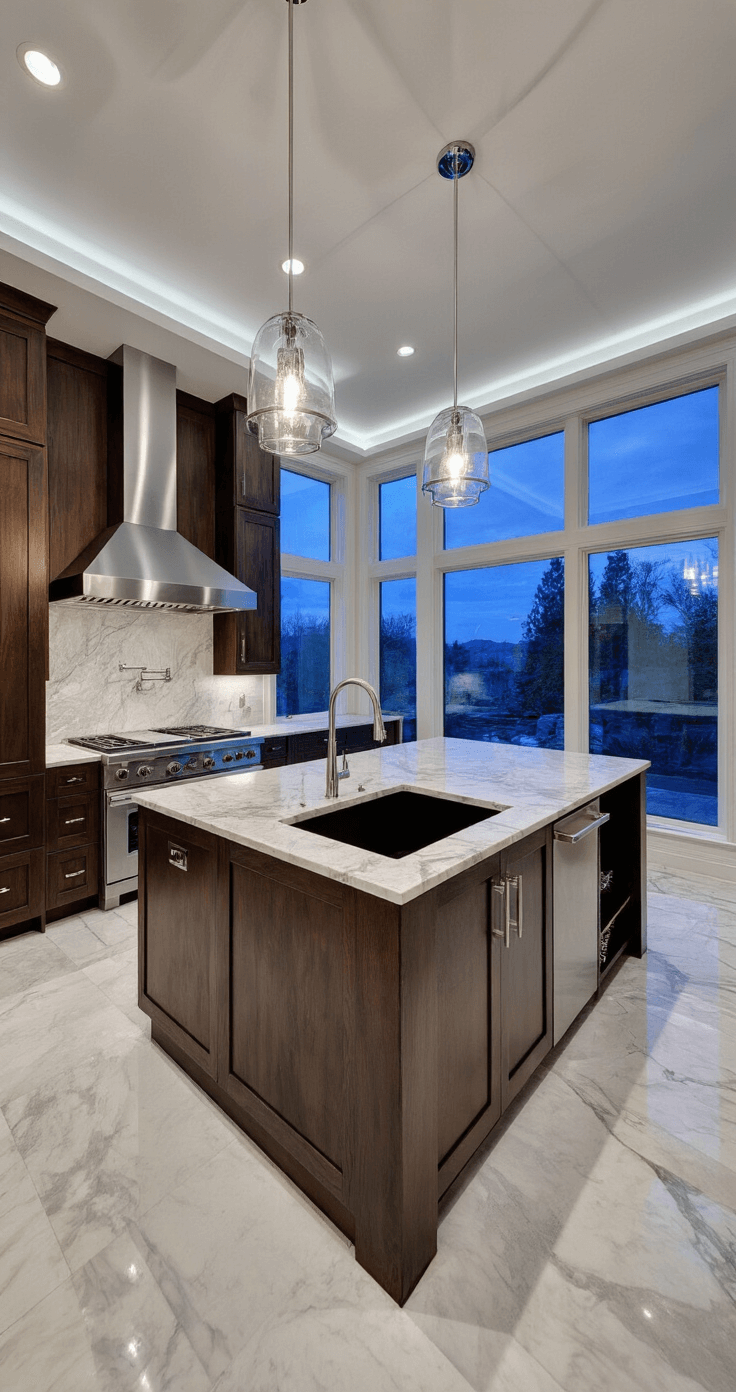 A contemporary luxury kitchen featuring a black undermount sink in a waterfall island, veined marble countertops, and dark walnut cabinetry, illuminated by twilight blue hour light through panoramic windows and polished chrome fixtures, with reflections captured in the marble and sparkles from glass pendant lights, creating an elegant and dramatic ambiance.