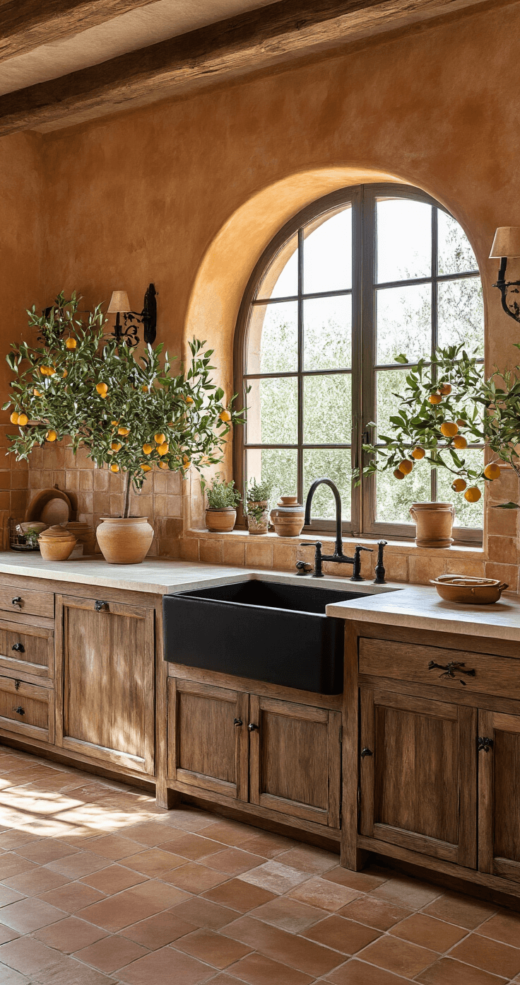 A rustic elegant Mediterranean-inspired kitchen featuring a black farmhouse sink against a terracotta tile wall, illuminated by mid-morning light through arched windows. The cream limestone counters, olive wood accents, and wrought iron details enhance the warm and inviting atmosphere, complemented by potted citrus trees, ceramic vessels, and copper cookware. The camera captures the scene from a waist height at a slight upward angle, emphasizing the prominence of the sink, with natural light and decorative sconces providing additional illumination.