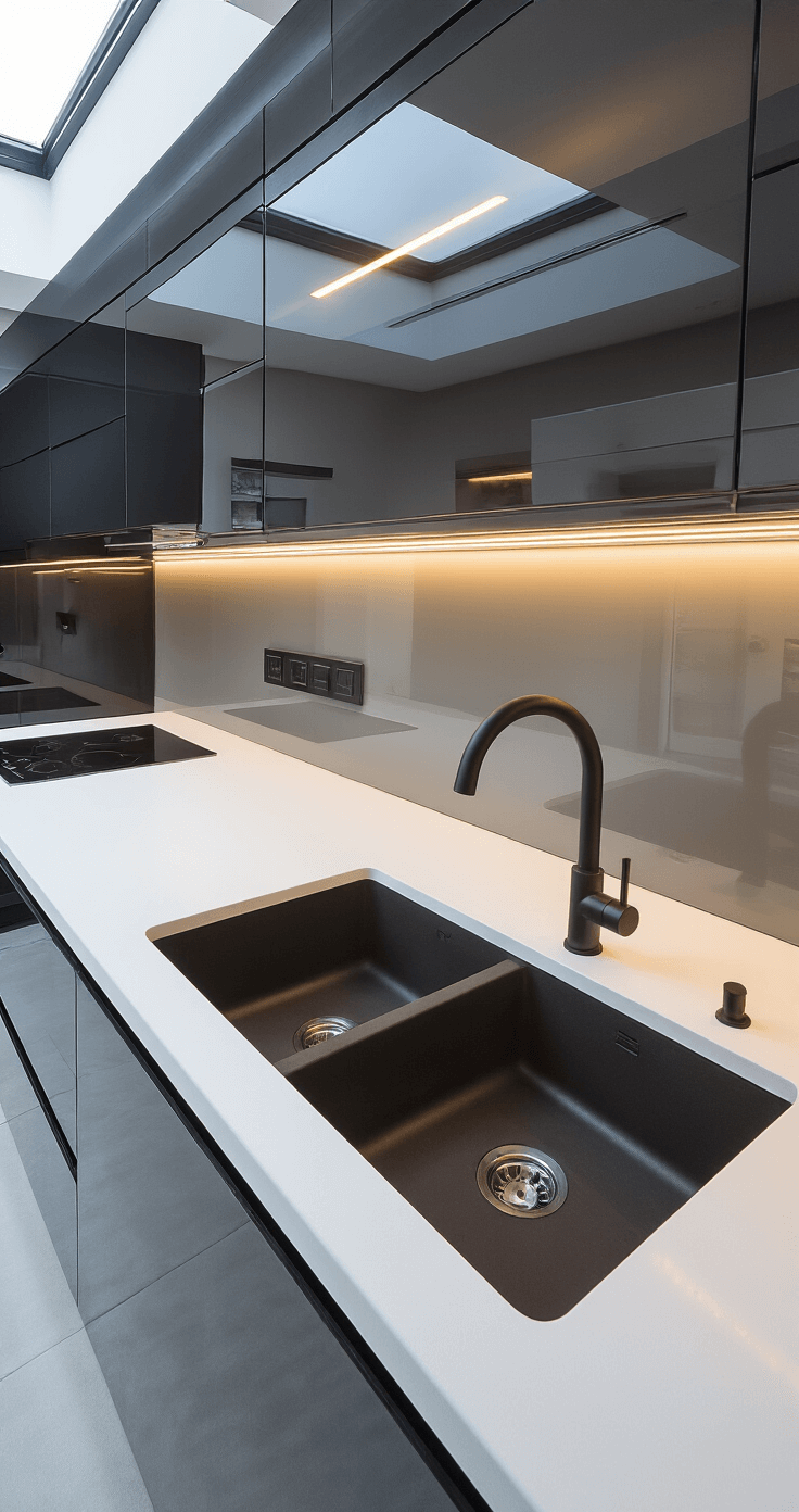 A sleek ultra-modern kitchen featuring a matte black workstation sink in a white Corian island, high-gloss anthracite handle-less cabinets, a smoked glass backsplash, and illuminated by natural light from skylights and integrated LED strips, highlighting the clean lines and pristine design.