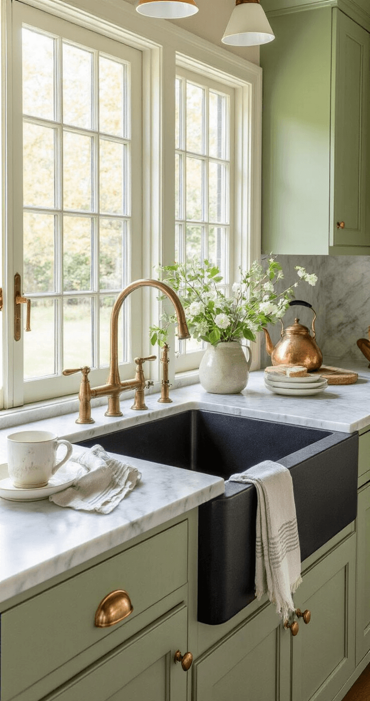 A transitional kitchen featuring sage green cabinets and brass hardware, with a black granite composite sink in a quartzite countertop. Golden hour lighting streams through French doors, illuminating a marble backsplash. The scene is enhanced by fresh flowers, vintage copper kettles, and linen tea towels, viewed from a three-quarter angle in a warm, inviting atmosphere.