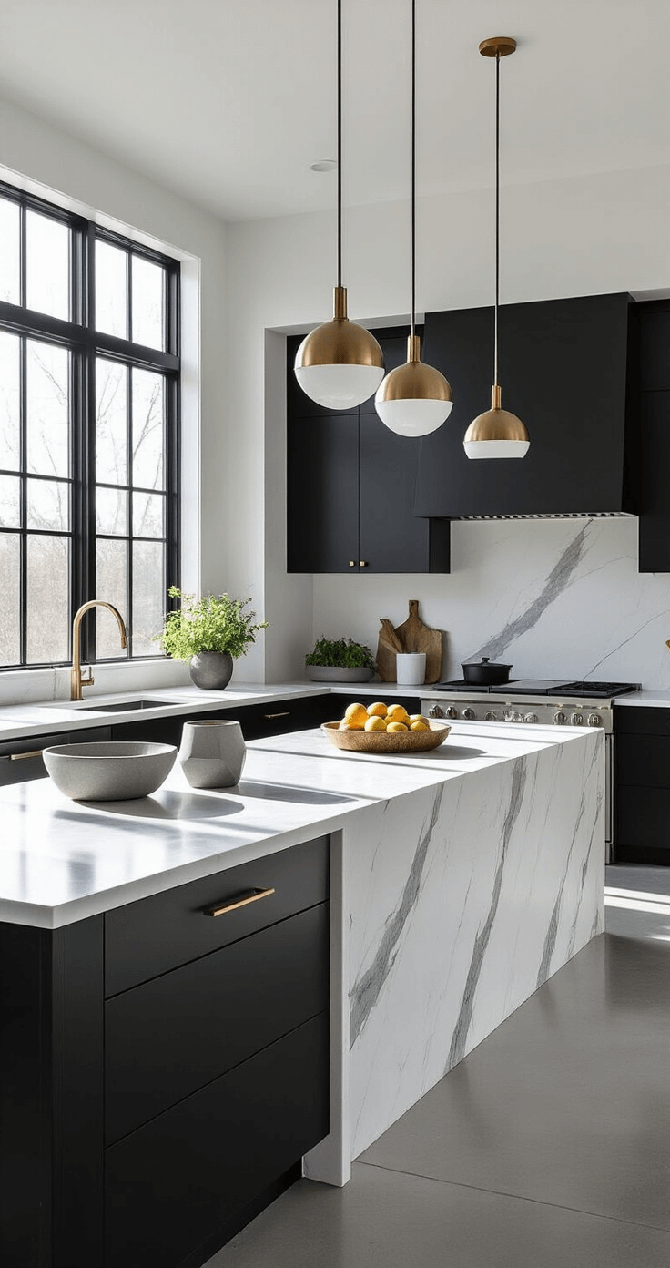 A modern minimalist black and white kitchen featuring polished concrete floors, high ceilings, industrial-style windows, matte black lower cabinets, glossy white upper cabinets, and a waterfall marble island, illuminated by morning light with geometric decor and styled herbs.