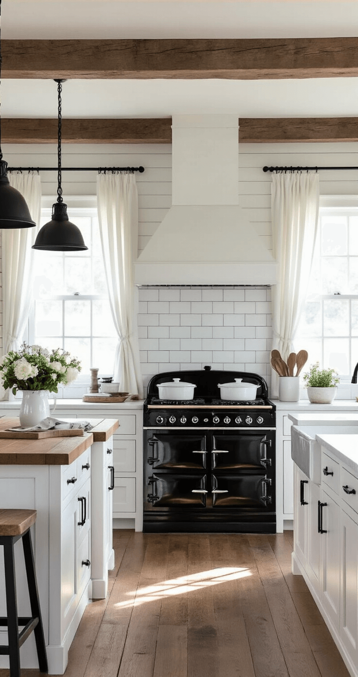 A cozy black and white farmhouse kitchen with shiplap ceiling and exposed beams, featuring white Shaker cabinets, a vintage black AGA range, and a butcher block island adorned with enamelware and fresh flowers, illuminated by late afternoon sunlight.
