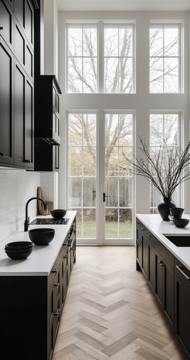 Aerial view of a Scandinavian black and white kitchen featuring floor-to-ceiling windows, minimalist black cabinets, herringbone white oak flooring, and white quartz countertops, styled with black ceramic dinnerware and sculptural dried branches, illuminated by warm golden hour light.