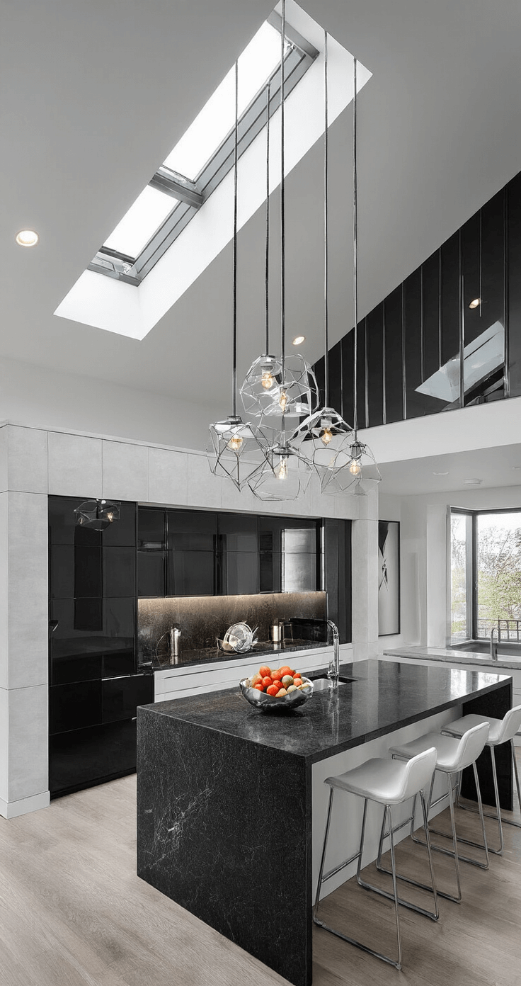 A contemporary black and white kitchen viewed from the dining area, showcasing a 15-foot vaulted ceiling with a skylight. The high-gloss black cabinets contrast with textured white wall panels, while an oversized island features honed black granite with waterfall edges. A striking chrome and glass pendant cluster hangs above, enhanced by moody side-lighting. The space includes an architectural fruit bowl, a sleek coffee station, and geometric art pieces for added style.