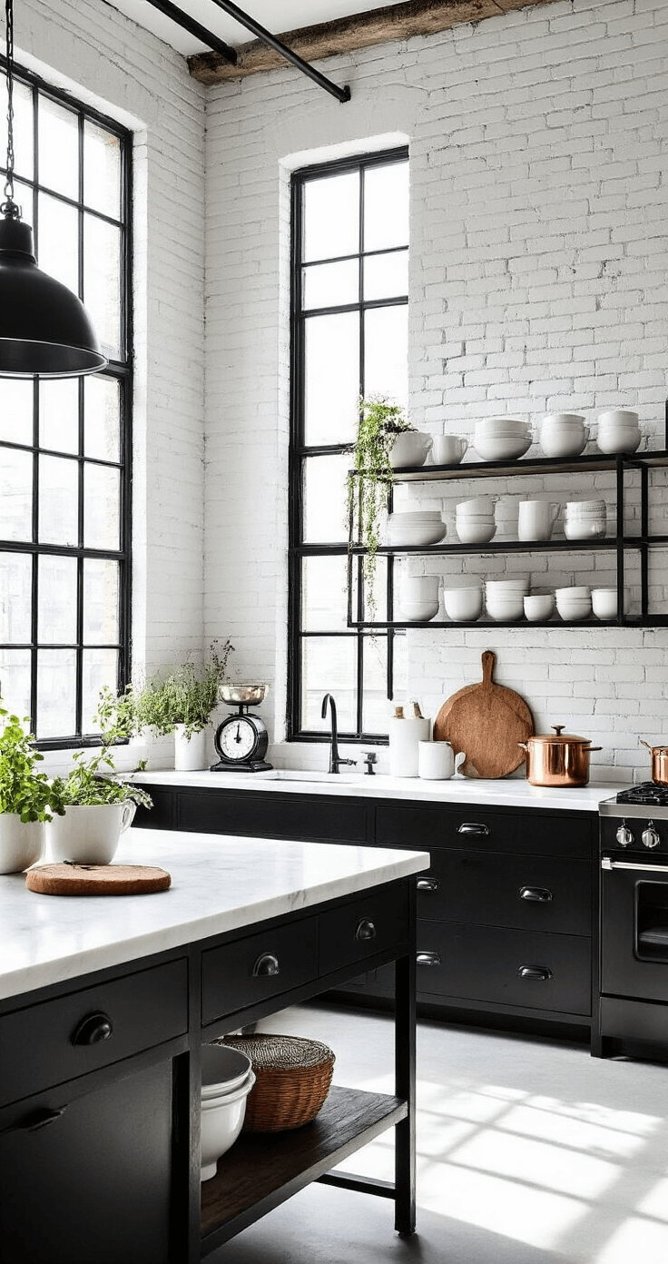Industrial-chic black and white kitchen featuring exposed white-painted brick walls, black steel-framed windows, and geometric morning light shadows on white concrete floors. Black metal open shelving displays white ceramics and copper cookware, while a centre island with a black steel frame and white marble top is adorned with vintage scales, an artisanal bread board, and trailing plants.