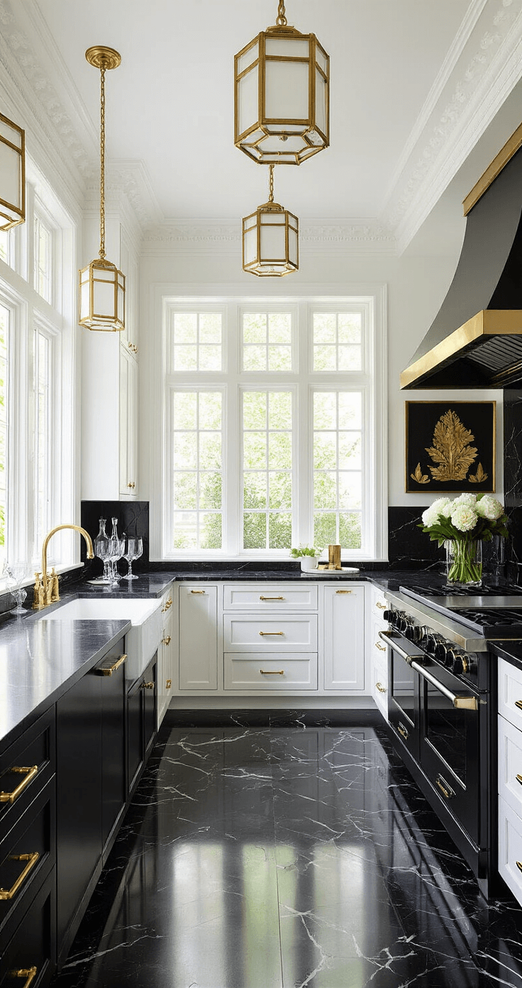 Art Deco inspired black and white kitchen with 12-foot ceilings, featuring crown molding, geometric light fixtures, and a high-contrast design of white lacquered cabinets and a black accent wall. A dramatic low angle shot highlights the black marble flooring, tall windows, and a statement brass hood over a black range, adorned with crystal decanters, black and gold artwork, and fresh white flowers, all illuminated by dramatic side-lighting.