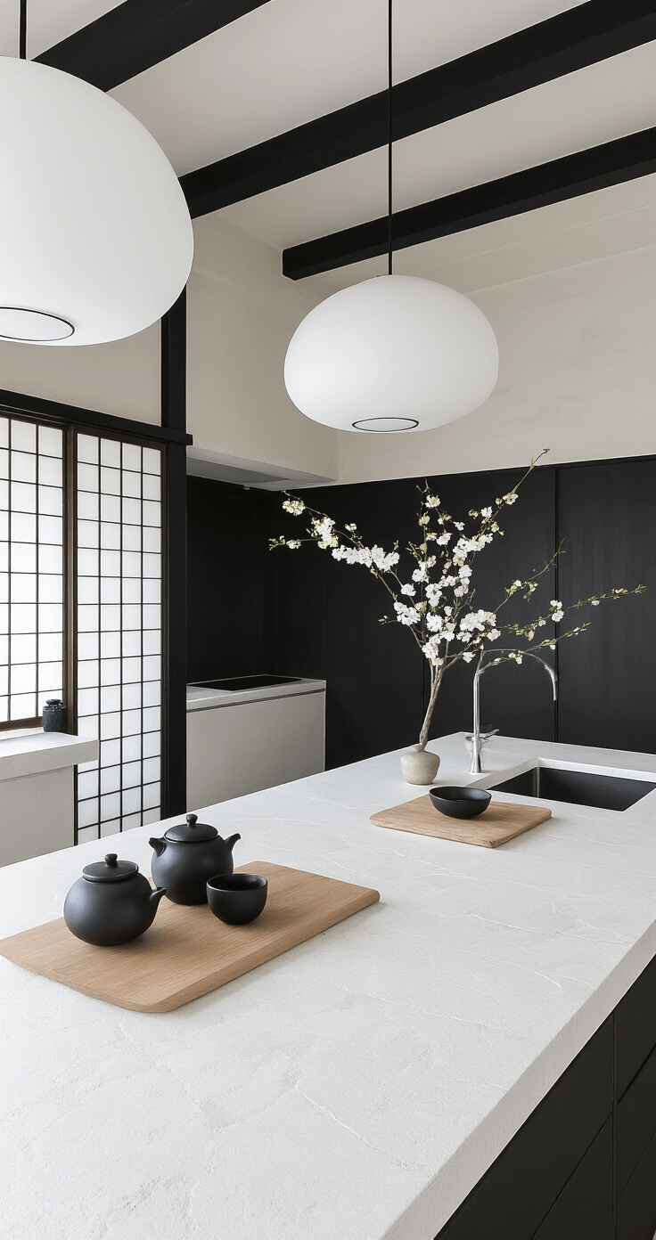 A serene black and white kitchen with a 10-foot ceiling featuring exposed black beams and white plaster walls, illuminated by soft morning light through rice paper screens. The space includes black sliding panels for storage, white stone counters, and minimal decor with an ikebana arrangement, a black ceramic tea set, and wooden serving boards, evoking a zen-like atmosphere.