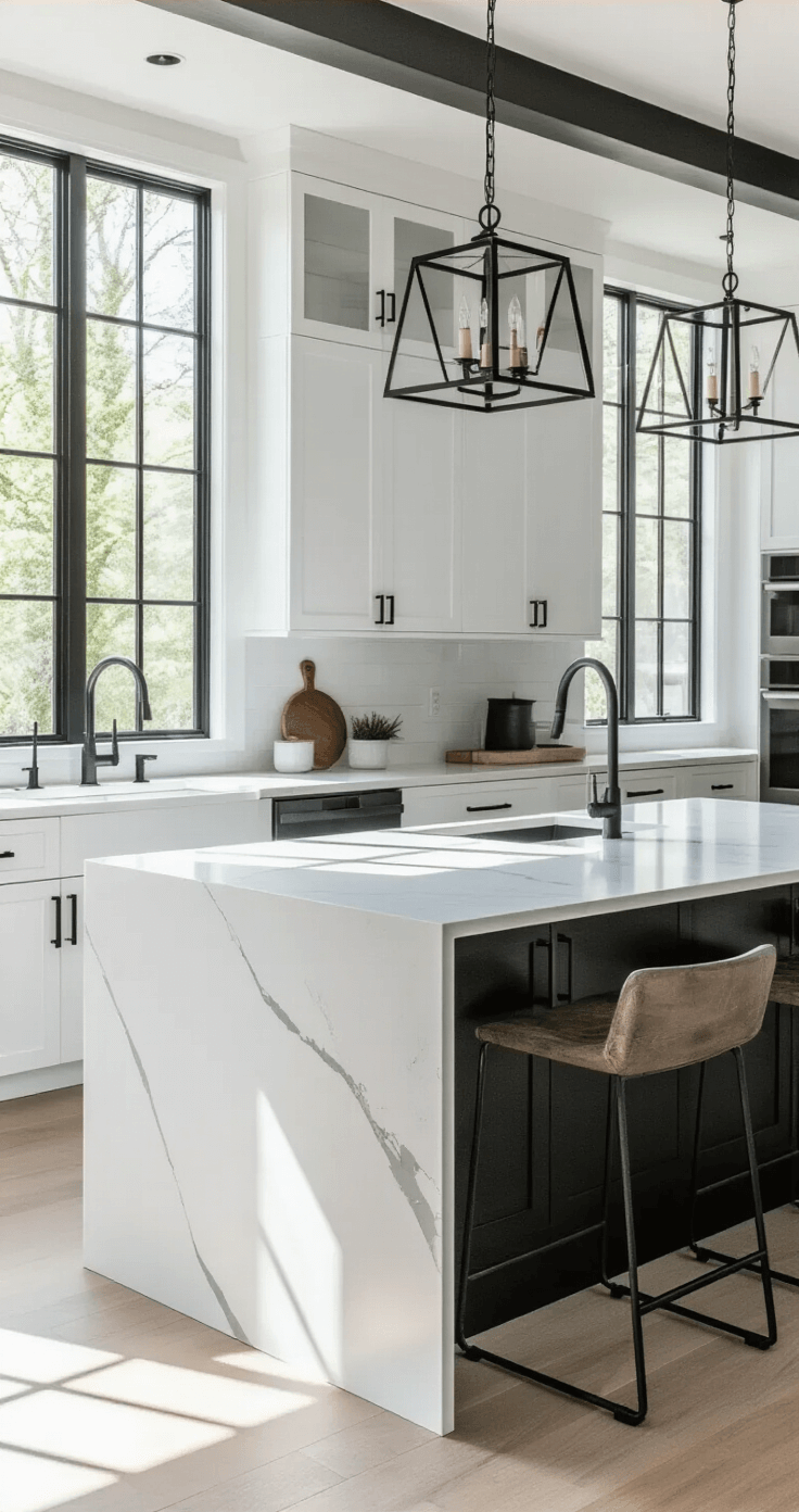 A spacious modern monochrome kitchen featuring white shaker cabinets with matte black bar pulls, a waterfall quartz island in crisp white, and black stainless appliances, illuminated by natural light from floor-to-ceiling windows and complemented by geometric blackened brass pendant lights.