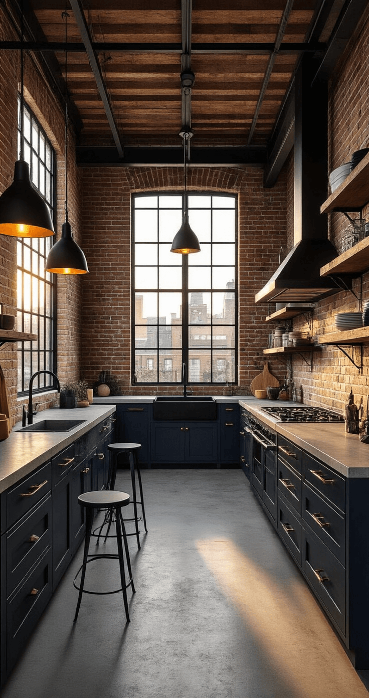 A double-height industrial chic kitchen featuring exposed brick walls and steel beams, illuminated by golden hour sunlight streaming through factory-style windows. Dark navy cabinets with black flat bar handles, concrete countertops, and a black farmhouse sink create a sophisticated urban atmosphere. Vintage black metal stools and textured pendant lights complement the design, capturing a warm, inviting space from an elevated angle.