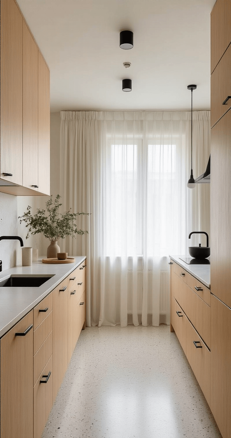 Minimalist Scandinavian kitchen featuring blonde wood cabinets with black finger-pull edges, white walls, and pale terrazzo flooring, illuminated by morning light through sheer curtains, with black accent pieces and a focus on clean lines and serene luxury.