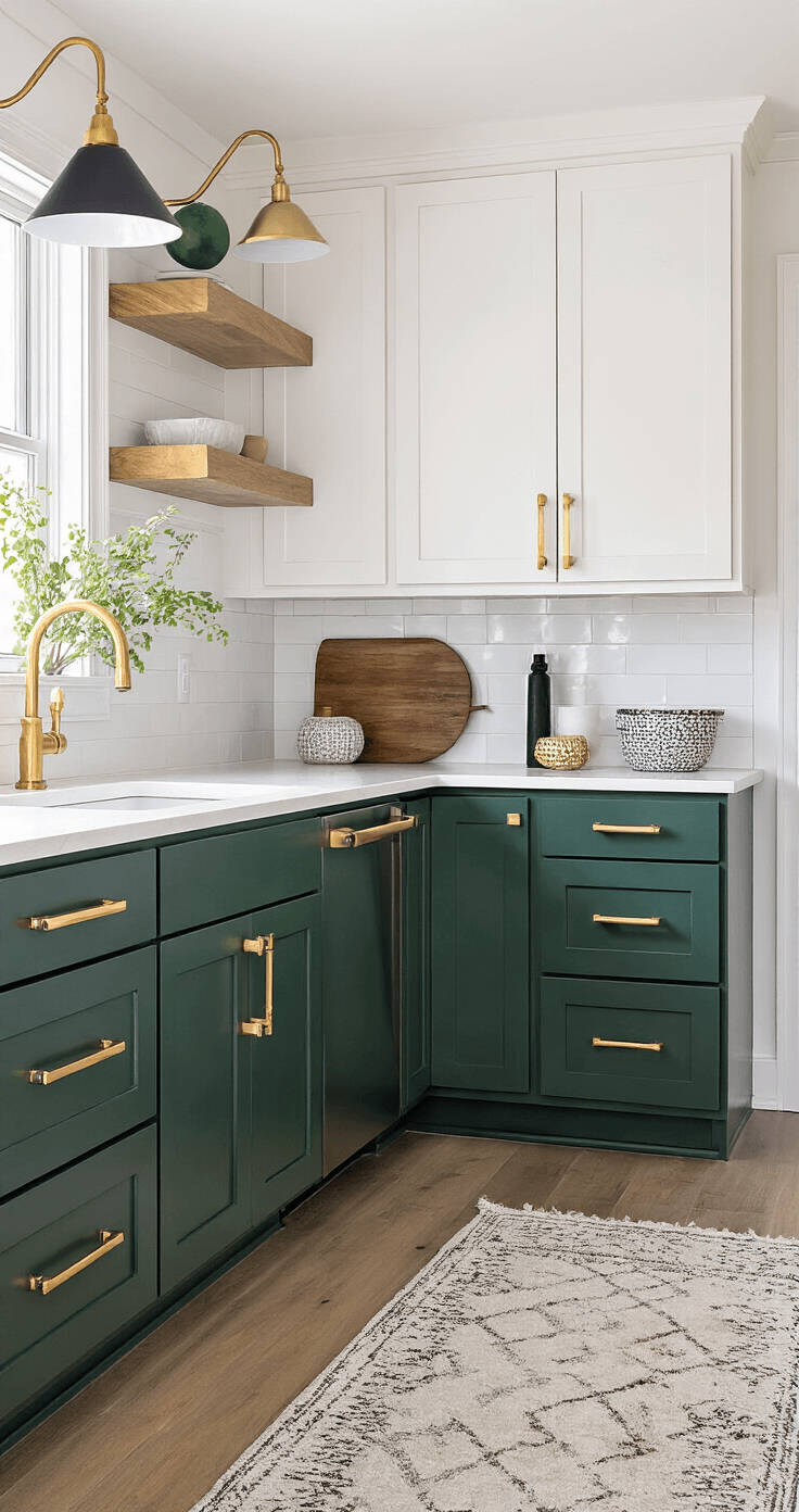 L-shaped contemporary kitchen featuring two-tone cabinets in deep green and warm white, adorned with mixed black geometric knobs and long pulls. Brass lighting and faucet accents enhance the eclectic yet cohesive design, illuminated by afternoon light with warm artificial fill.