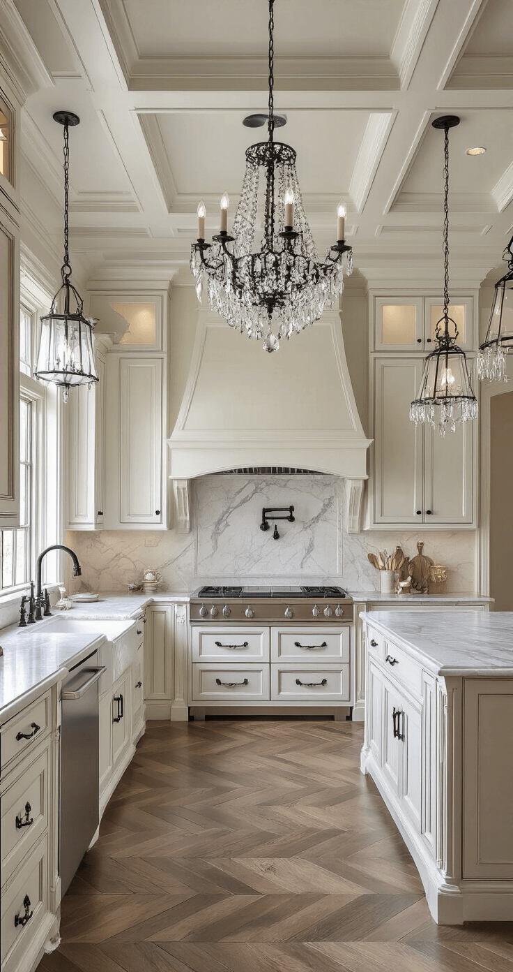 Luxe traditional kitchen featuring coffered ceilings, antique white cabinetry with textured black handles, marble countertops, and herringbone wood floors, illuminated by black iron pendant lights and a crystal chandelier, all bathed in soft afternoon light.