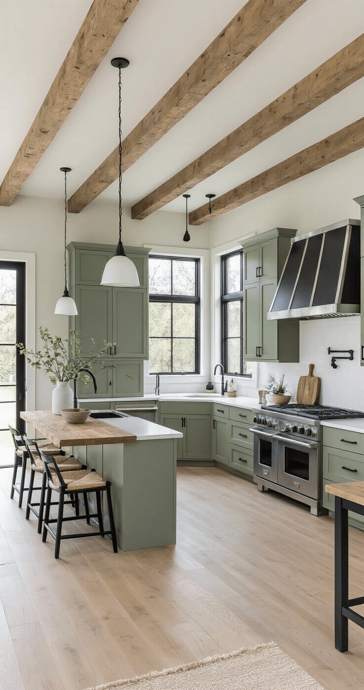 Open-concept kitchen with sage green cabinets and black hardware, featuring white oak ceiling beams and black steel-framed windows, rustic wood island, and matte black appliances, captured from the family room to highlight the cozy sophistication and natural light of the space.
