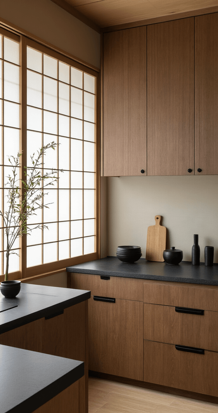 A serene Japanese-inspired zen kitchen featuring custom walnut cabinets with minimal black edge pulls, a shoji screen window diffusing morning light, black stone countertops with integrated handles, bamboo accents, and black ceramic accessories, captured from a low angle to highlight horizontal lines in a soft, ethereal light.
