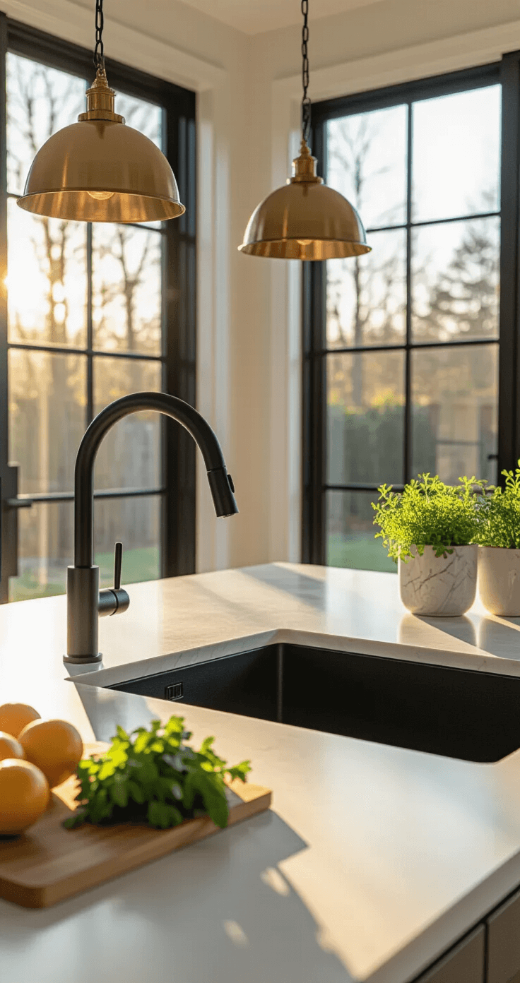 A modern kitchen featuring a matte black pull-down faucet on a white quartz waterfall island, illuminated by warm golden hour sunlight through floor-to-ceiling windows, with brushed brass pendant lights and minimal decor including a marble fruit bowl and ceramic planters.