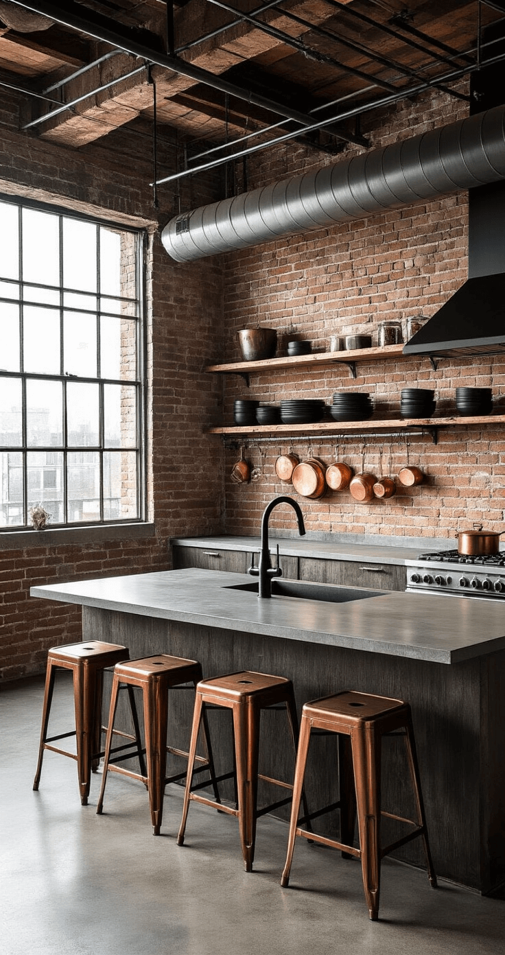 An industrial-style loft kitchen featuring exposed brick walls, metal ductwork, polished concrete countertops, and a black touchless faucet, with early morning light creating dramatic shadows. Copper cookware hangs overhead, vintage metal stools line the island, and raw wood open shelving displays matte black dishware, all under 14ft ceilings.
