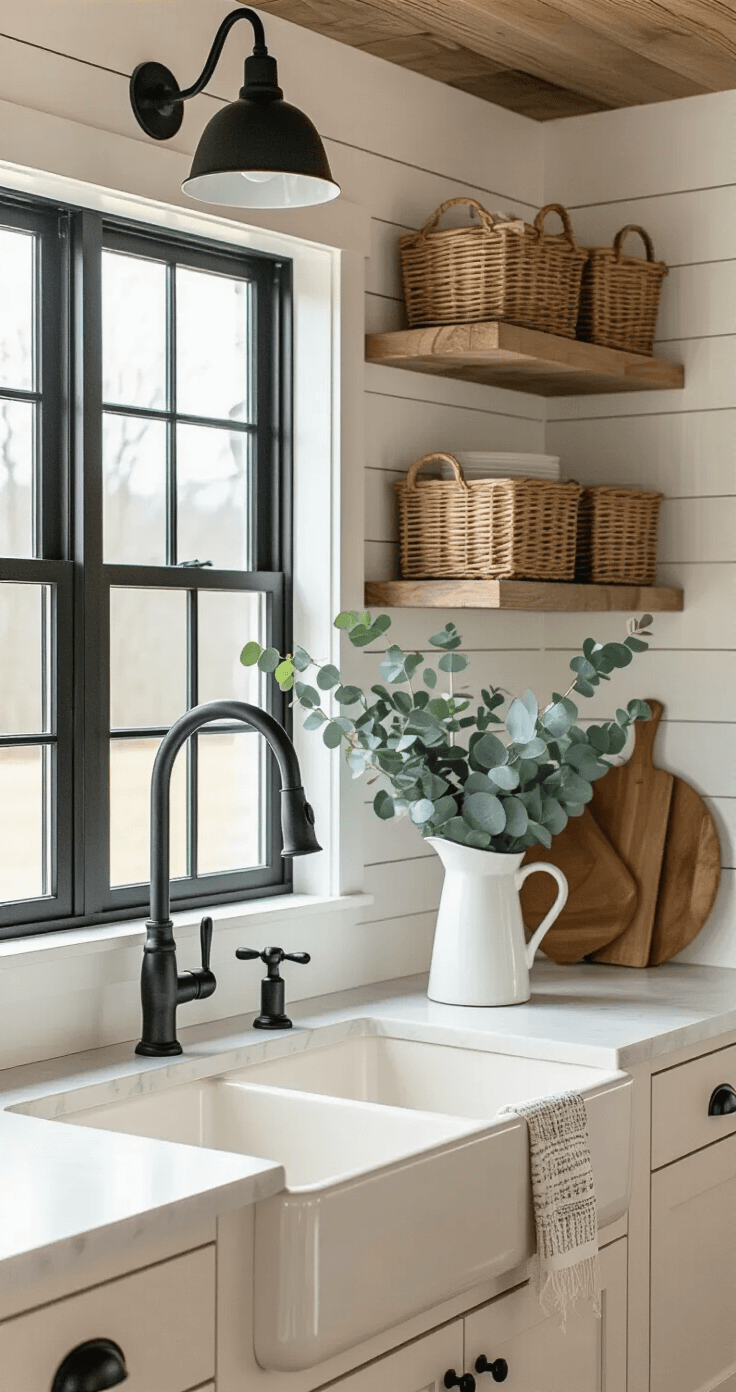 A cozy modern farmhouse kitchen with a shiplap ceiling, featuring a black gooseneck faucet, cream ceramic sink, and vintage wooden breadboard. Fresh eucalyptus in a white pitcher is displayed, with woven baskets above cabinets. The scene is illuminated by warm late afternoon light.