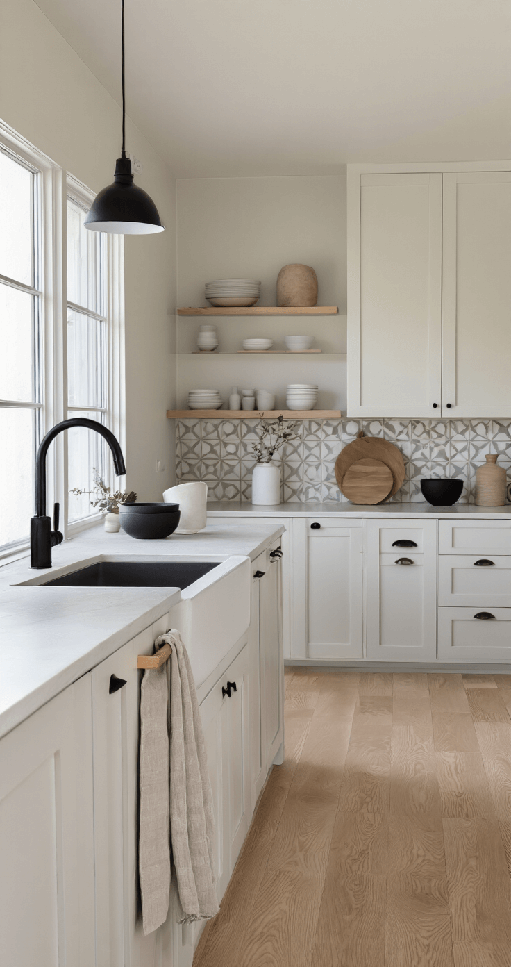 A bright, Scandinavian-inspired kitchen featuring pale oak flooring, white lacquered cabinets with black hardware, and a minimalist black faucet against a light grey composite sink. The overhead shot captures geometric patterns of the countertops and cabinet layout, complemented by natural linen textiles and styled with matte black ceramics and pale wooden accessories, all illuminated by soft morning light.