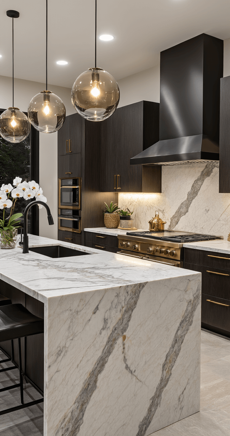 A luxurious modern kitchen featuring a marble waterfall island, evening ambient lighting, a sculptural black faucet, smoky glass pendants, and dark oak cabinetry, styled with black and gold accents and orchids, captured in a low angle shot to emphasize vertical lines.