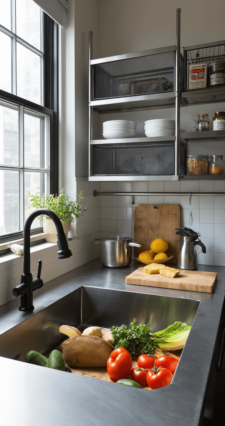 A compact urban kitchen measuring 10x12ft features maximized vertical storage with metal mesh cabinet inserts and floating steel shelves. Mid-morning light streams through city windows illuminating stainless steel counters and a commercial-style black faucet with a professional sprayer. The scene showcases a quarter-view capturing the workflow triangle, styled with professional cookware and fresh market produce, under a mix of natural and task lighting.