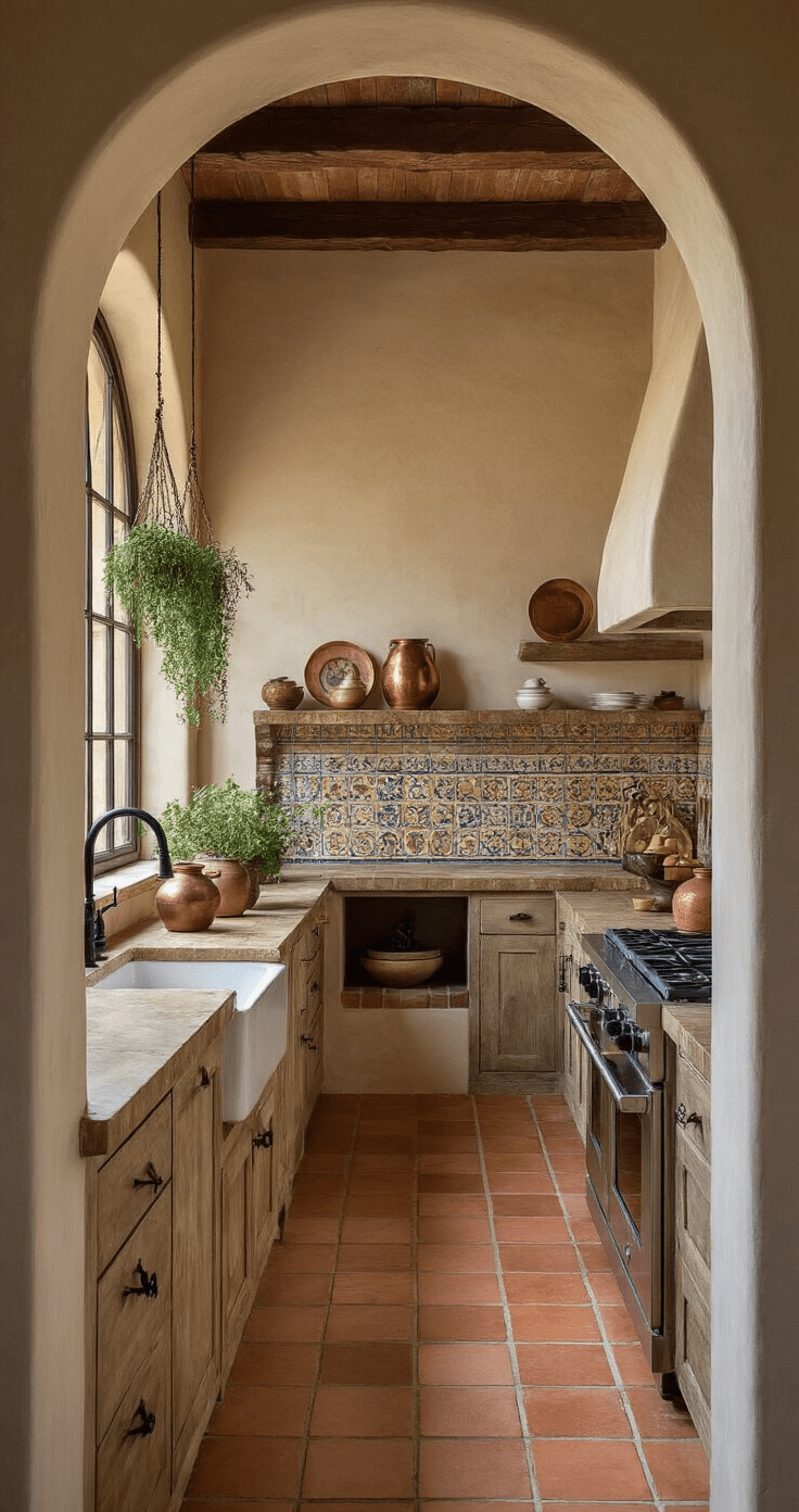 A Mediterranean-inspired kitchen featuring arched doorways, dusk lighting, and warm artificial illumination. The eye-level shot focuses on an elegant black bridge faucet set against a handmade tile backsplash. Terra cotta floors and plastered walls complement the wooden ceiling beams. The scene is adorned with copper vessels, ceramic plates, and hanging dried herbs, captured with romantic, directional lighting.
