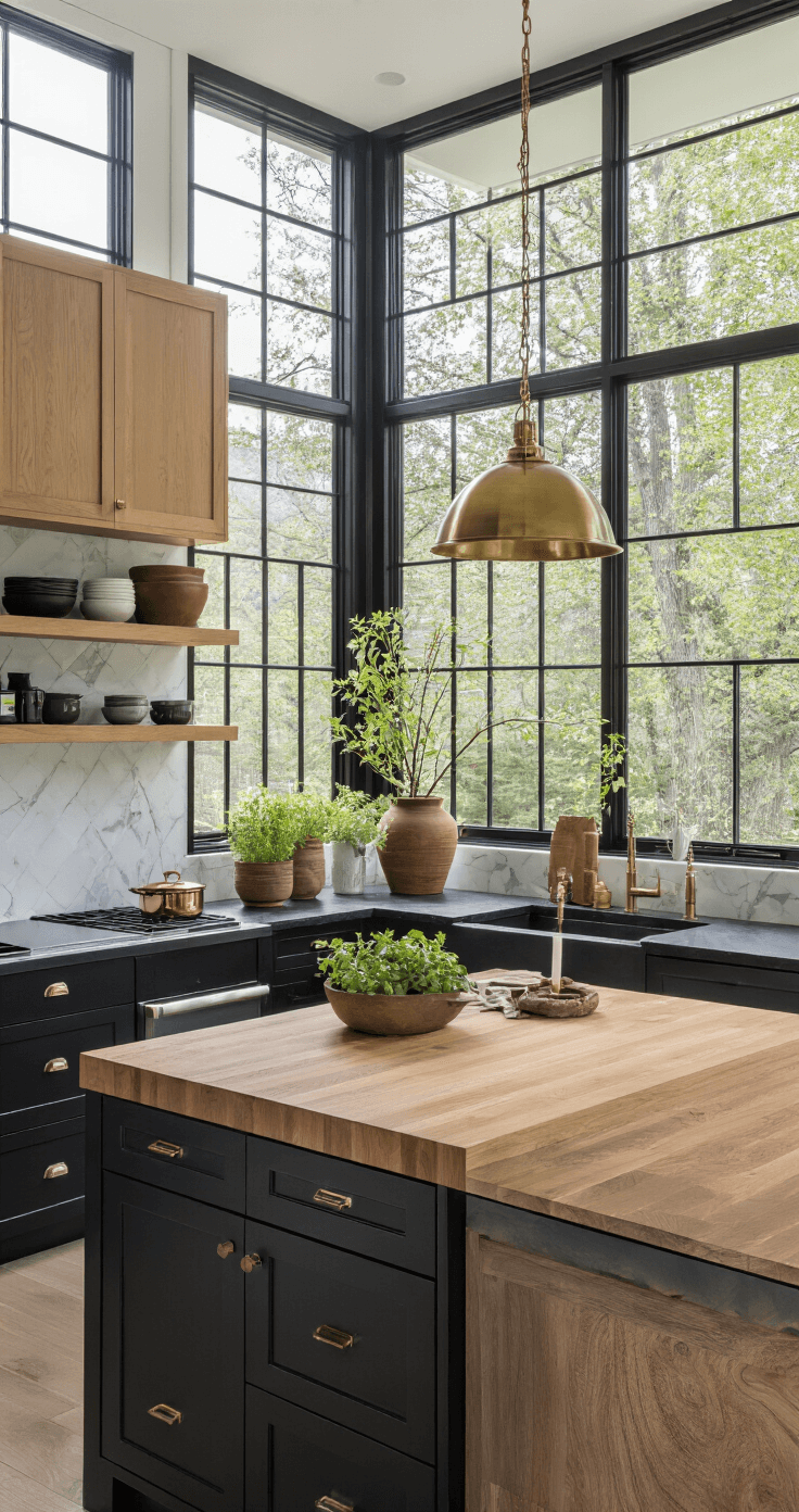 A spacious modern kitchen featuring a blend of matte black lower cabinets and natural oak upper cabinets, illuminated by morning light from floor-to-ceiling windows. The centerpiece island showcases a black quartz waterfall edge along with a thick butcher block top, complemented by warm brass pendant lights. The scene includes artisanal ceramics, copper cookware, and fresh herbs in earthen pots, with a color palette of midnight black, honey oak, warm brass, and white marble backsplash accents.