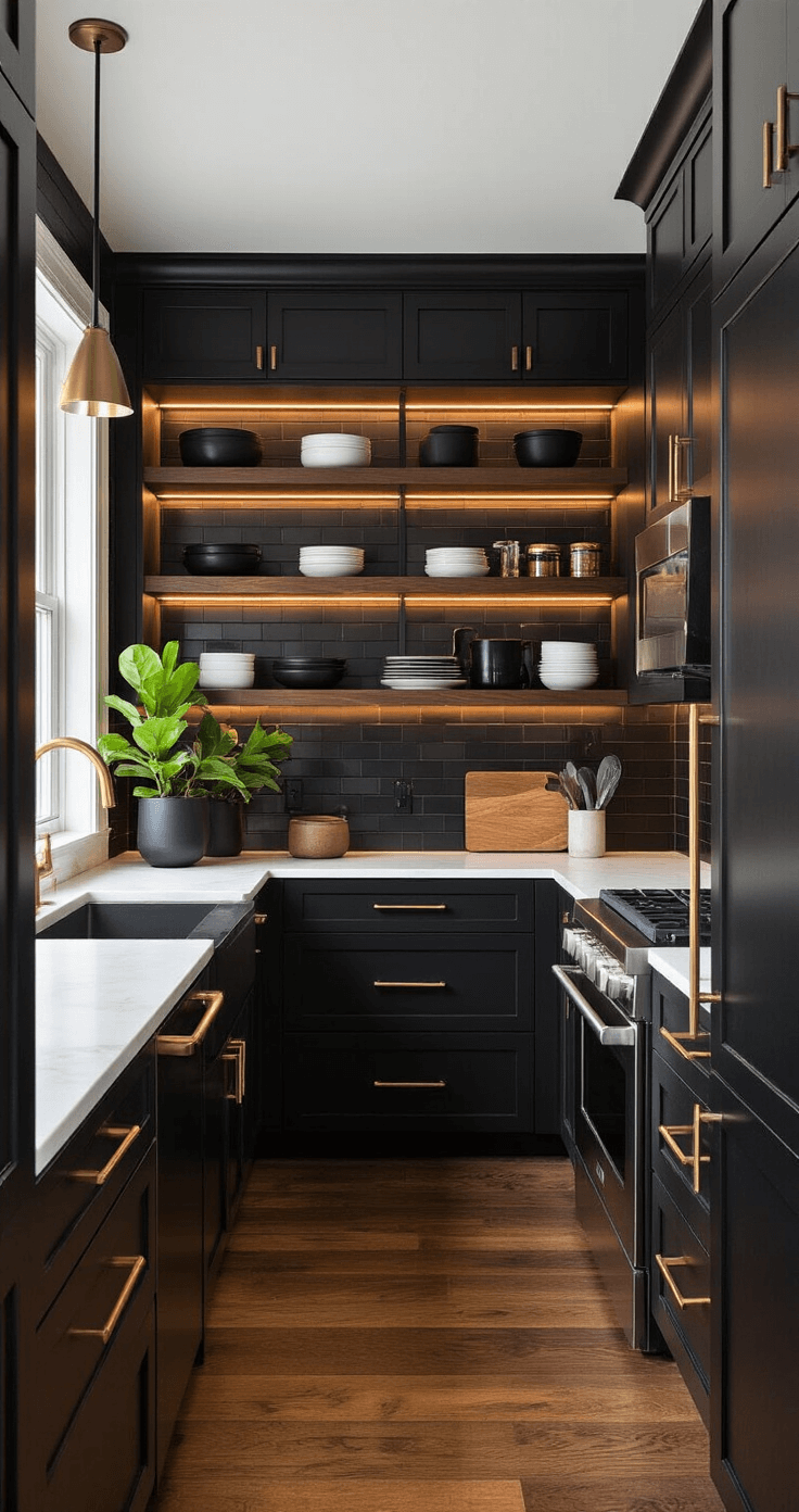 Intimate galley kitchen featuring a walnut pantry wall, sleek black cabinets, and illuminated floating wood shelves, accented by minimalist decor and a potted fiddle leaf fig, all captured at golden hour.