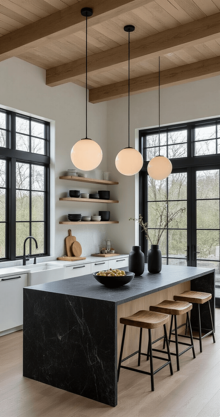 Contemporary open-concept kitchen with ash wood ceiling beams and black steel-framed windows, featuring a textured black granite waterfall island and light ash wood breakfast bar, captured from an elevated position during blue hour, highlighting moody dimmable globe pendants and stylish decor including geometric vases and a black marble fruit bowl.