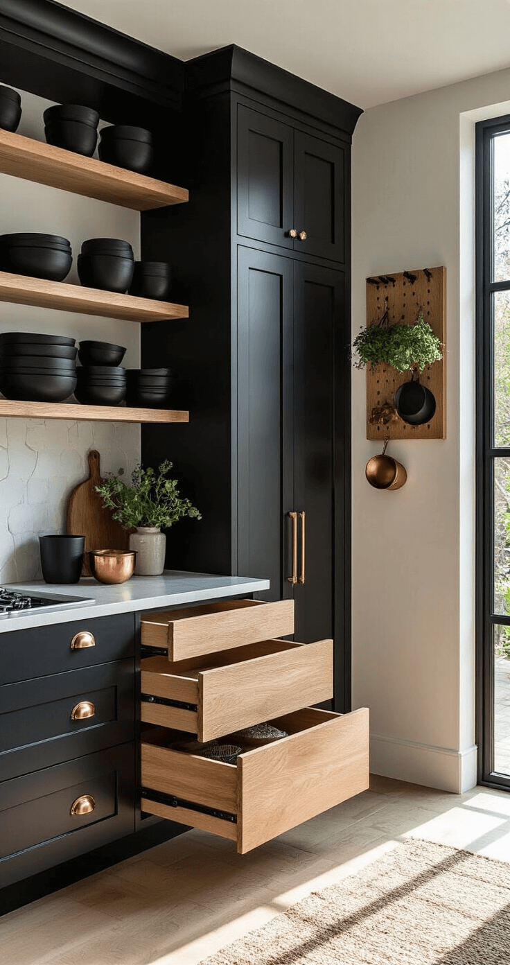 A sun-drenched kitchen corner with a black pantry unit and wooden pull-out drawers, showcasing black ceramics and copper accessories on natural oak open shelves, emphasized by dramatic shadows from mid-morning light through steel-framed windows.