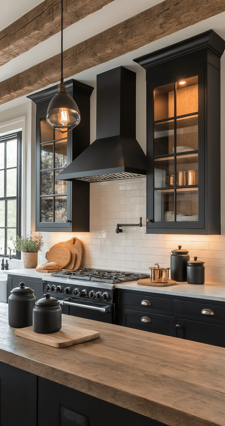 A cozy 11x13ft kitchen at dusk, featuring black-framed glass cabinet doors with warm wood lighting, rustic oak ceiling beams, and a modern matte black range hood, captured from the dining area. The scene includes atmospheric lighting from vintage filament bulbs in black sconces, wooden bread board collection, black ceramic canisters, and copper pots, with a color palette of jet black, aged oak, antique copper, and cream.
